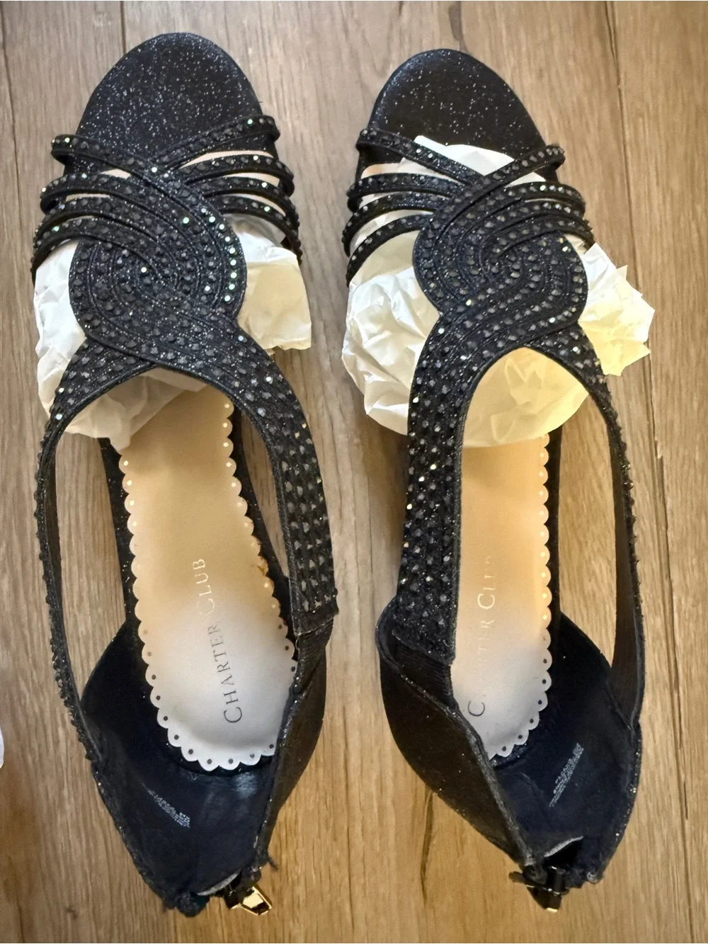 Charter Club Black Rhinestone Embellished Strappy Flats